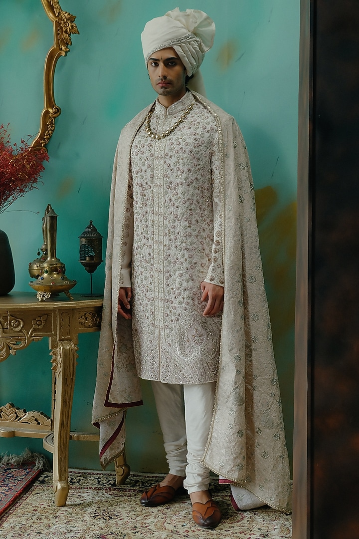 Rose Cream Silk Resham Hand Embroidered Groom Sherwani Set by Jatin Malik at Pernia's Pop Up Shop