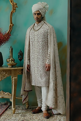 Rose Cream Silk Resham Hand Embroidered Sherwani Set by jatin malik