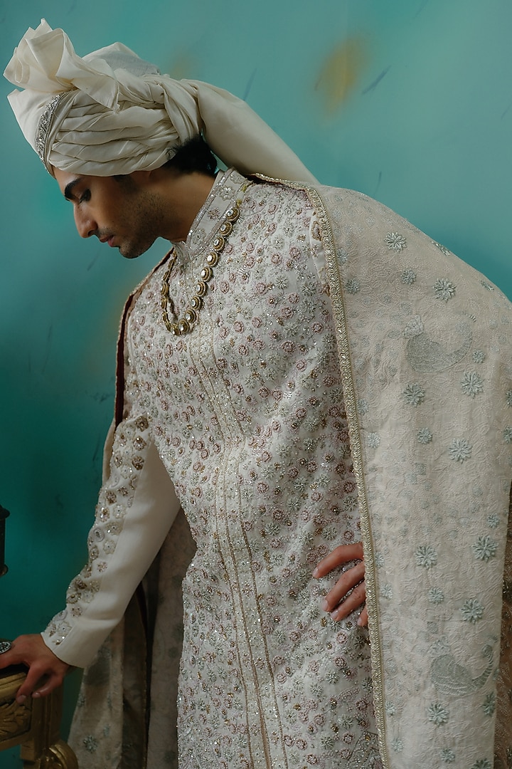 Rose Cream Silk Resham Hand Embroidered Groom Sherwani Set by Jatin Malik at Pernia's Pop Up Shop