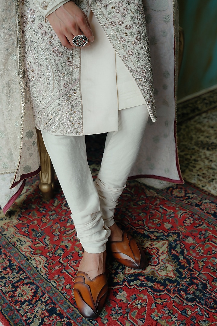 Rose Cream Silk Resham Hand Embroidered Groom Sherwani Set by Jatin Malik at Pernia's Pop Up Shop