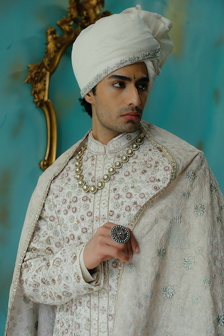 Rose Cream Silk Resham Hand Embroidered Groom Sherwani Set by Jatin Malik at Pernia's Pop Up Shop