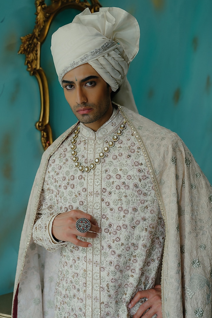 Rose Cream Silk Resham Hand Embroidered Groom Sherwani Set by Jatin Malik at Pernia's Pop Up Shop