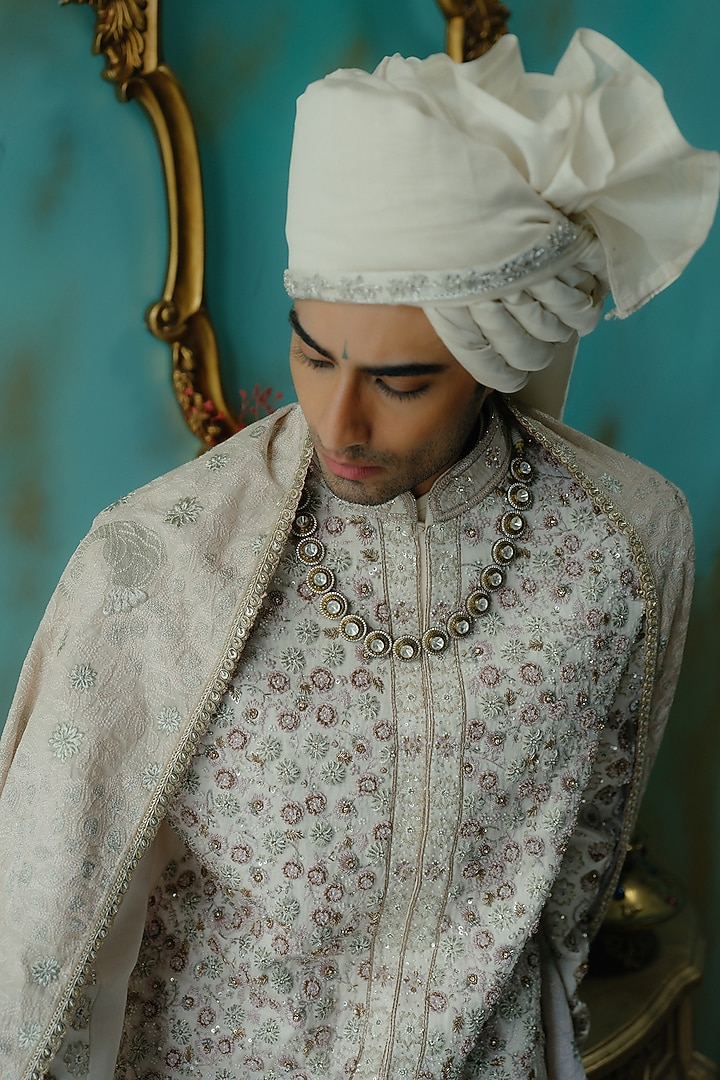 Rose Cream Silk Resham Hand Embroidered Groom Sherwani Set by Jatin Malik at Pernia's Pop Up Shop