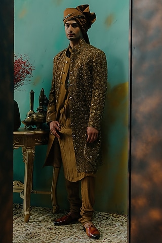 Bronze Silk Resham Hand Embroidered Sherwani Set by jatin malik