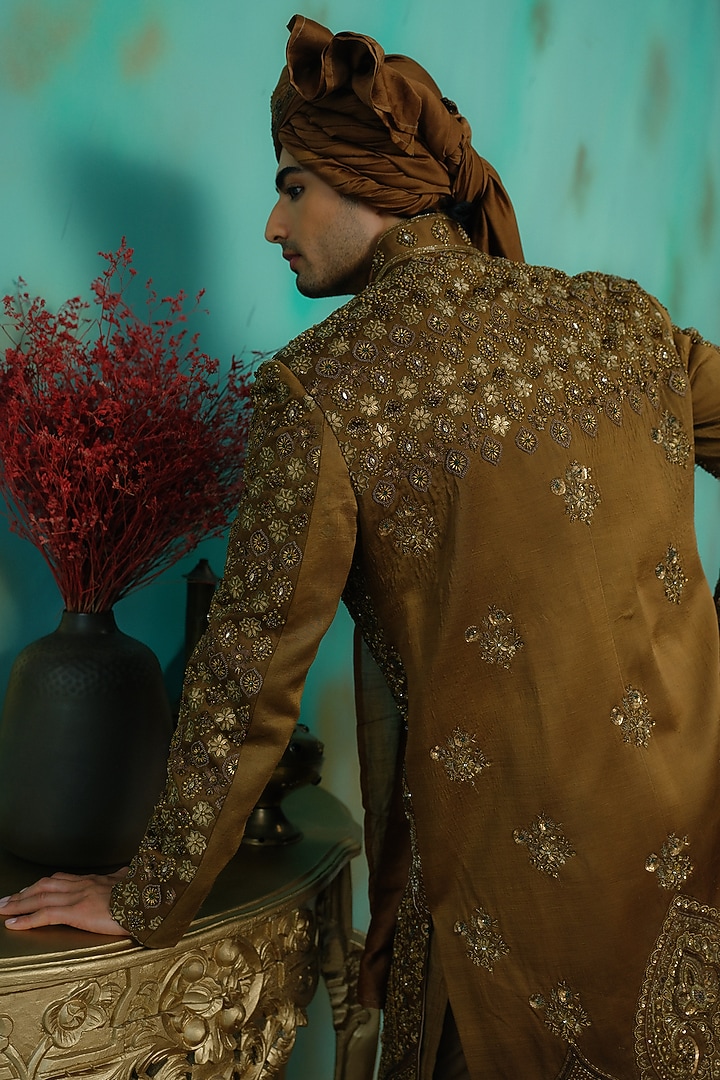 Bronze Silk Resham Hand Embroidered Groom Sherwani Set by Jatin Malik at Pernia's Pop Up Shop