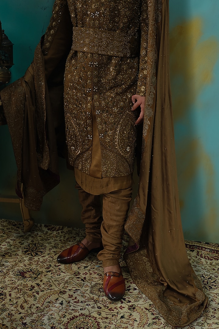 Bronze Silk Resham Hand Embroidered Groom Sherwani Set by Jatin Malik at Pernia's Pop Up Shop