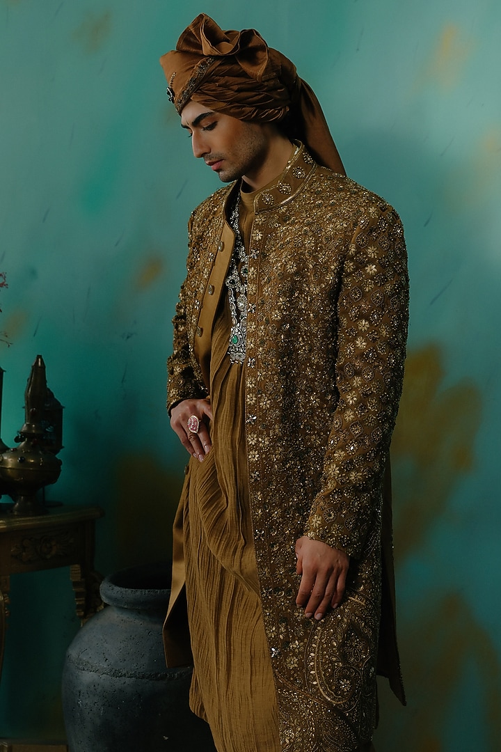 Bronze Silk Resham Hand Embroidered Groom Sherwani Set by Jatin Malik at Pernia's Pop Up Shop