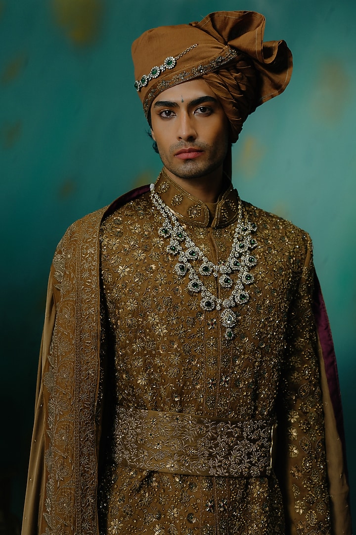 Bronze Silk Resham Hand Embroidered Groom Sherwani Set by Jatin Malik at Pernia's Pop Up Shop