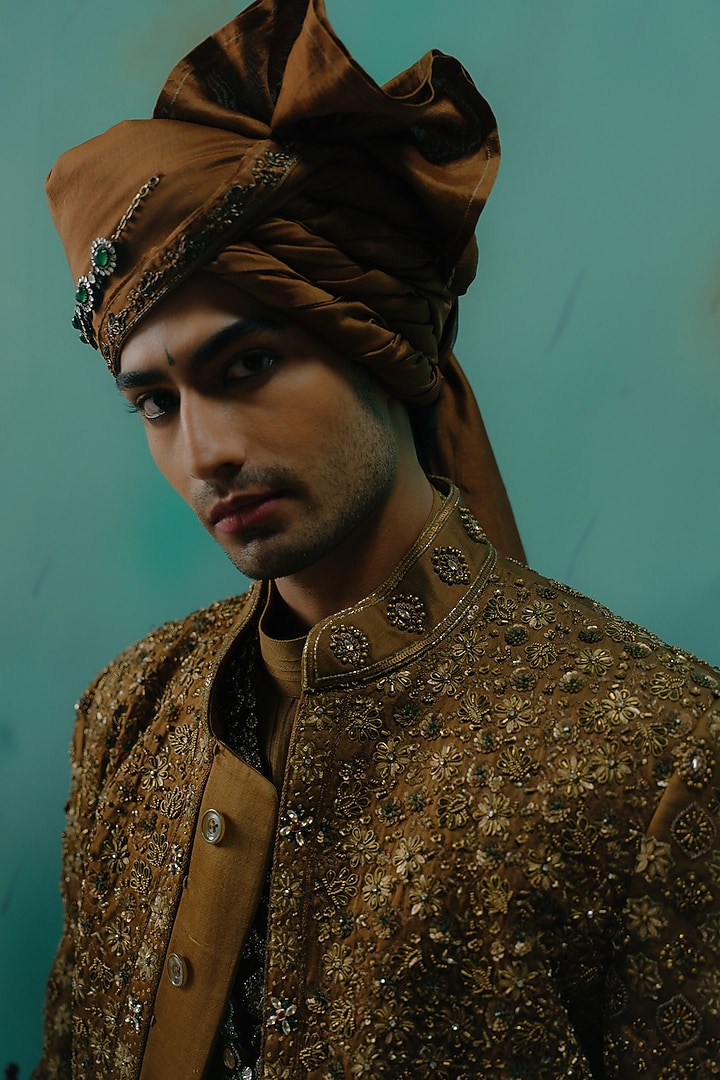 Bronze Silk Resham Hand Embroidered Groom Sherwani Set by Jatin Malik at Pernia's Pop Up Shop