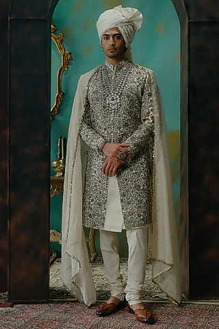 Silver Silk Hand Embroidered Sherwani Set by jatin malik