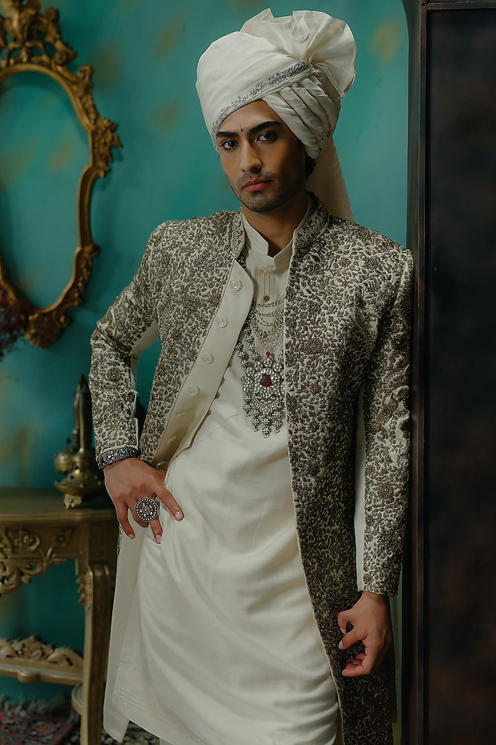 Silver Silk Hand Embroidered Groom Sherwani Set by Jatin Malik at Pernia's Pop Up Shop