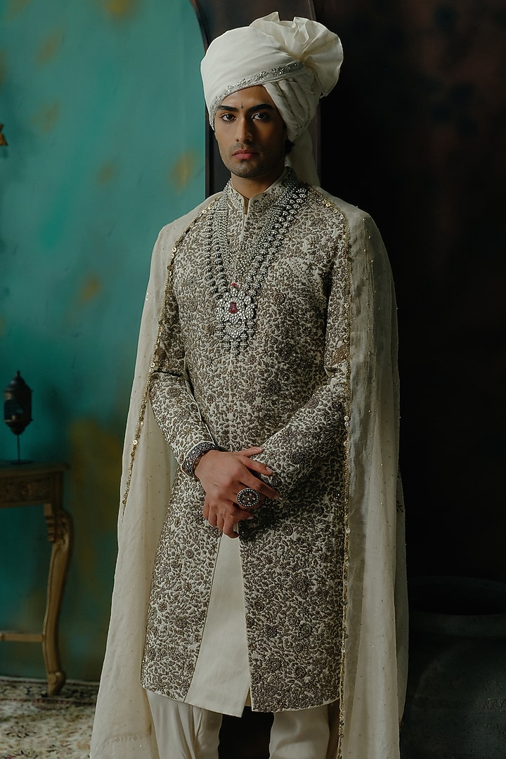 Silver Silk Hand Embroidered Groom Sherwani Set by Jatin Malik at Pernia's Pop Up Shop