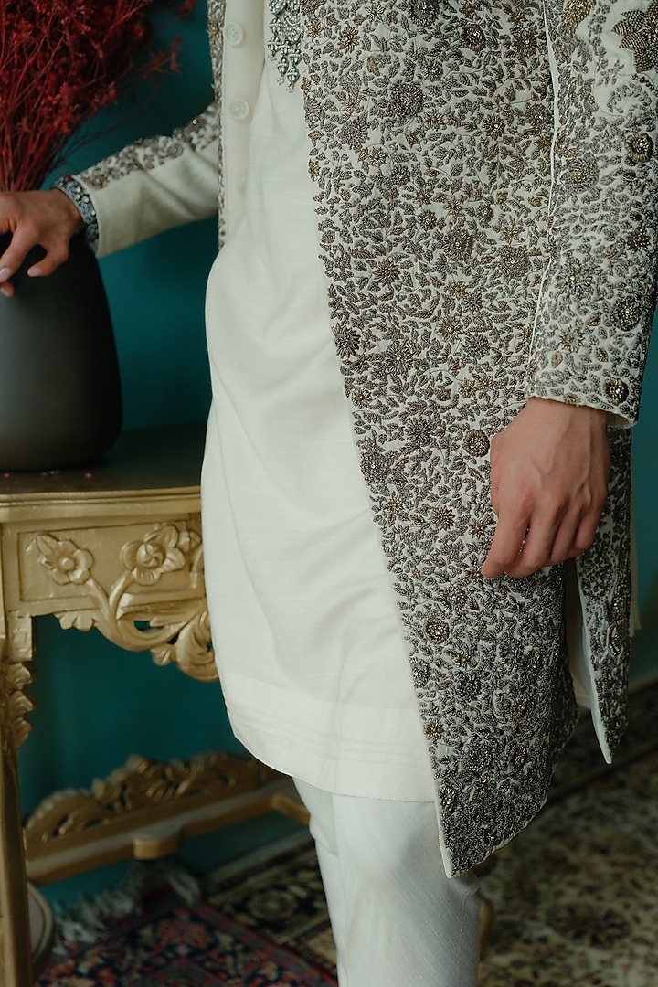 Silver Silk Hand Embroidered Groom Sherwani Set by Jatin Malik at Pernia's Pop Up Shop
