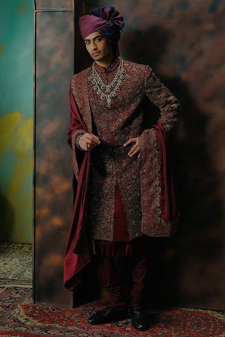 Deep Wine Silk Hand Embroidered Groom Sherwani Set by Jatin Malik at Pernia's Pop Up Shop