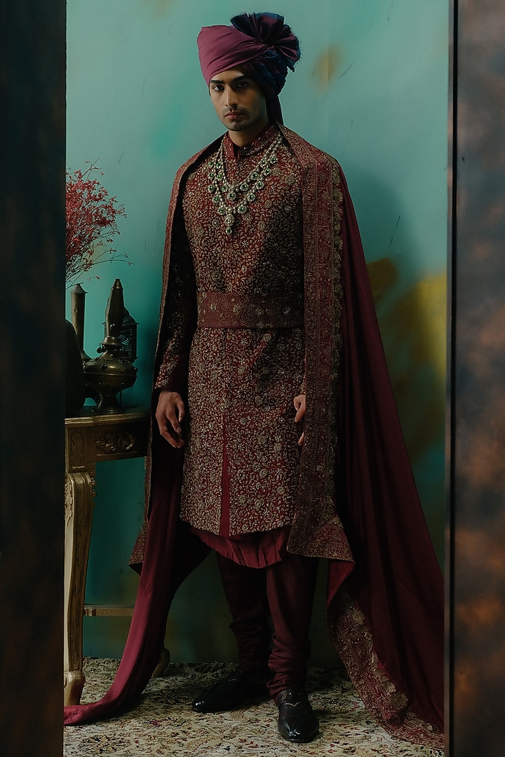 Deep Wine Silk Hand Embroidered Groom Sherwani Set by Jatin Malik at Pernia's Pop Up Shop