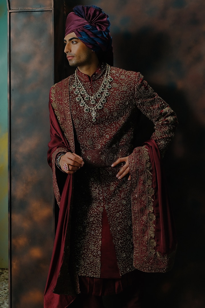 Deep Wine Silk Hand Embroidered Groom Sherwani Set by Jatin Malik at Pernia's Pop Up Shop