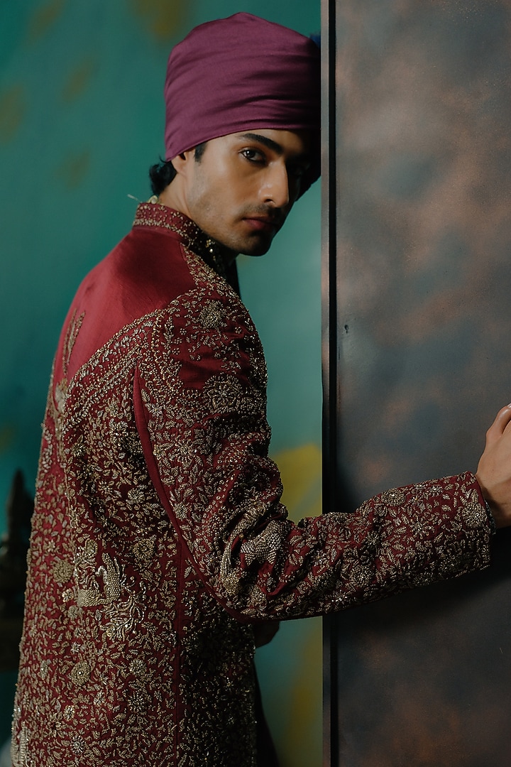Deep Wine Silk Hand Embroidered Groom Sherwani Set by Jatin Malik at Pernia's Pop Up Shop