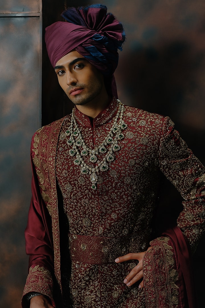 Deep Wine Silk Hand Embroidered Groom Sherwani Set by Jatin Malik at Pernia's Pop Up Shop