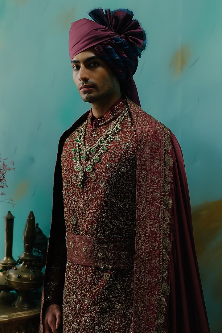 Deep Wine Silk Hand Embroidered Groom Sherwani Set by Jatin Malik at Pernia's Pop Up Shop