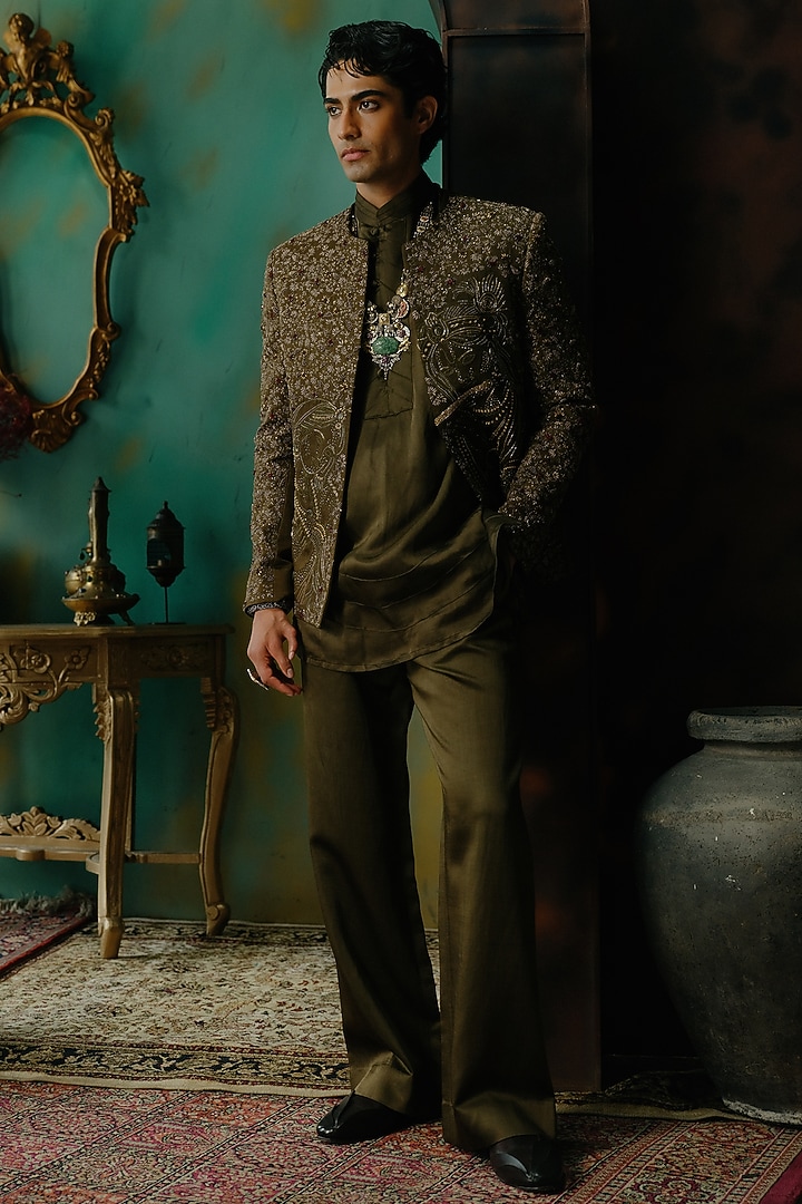 Olive Silk Resham Hand Embroidered Short Jacket Set by Jatin Malik at Pernia's Pop Up Shop