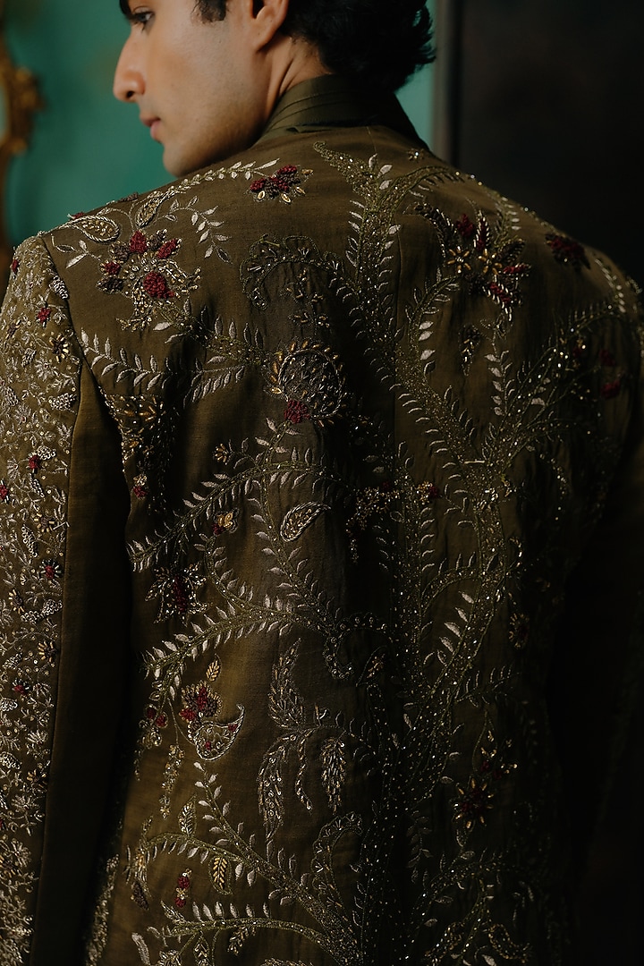 Olive Silk Resham Hand Embroidered Short Jacket Set by Jatin Malik at Pernia's Pop Up Shop