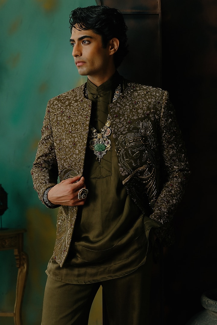Olive Silk Resham Hand Embroidered Short Jacket Set by Jatin Malik at Pernia's Pop Up Shop