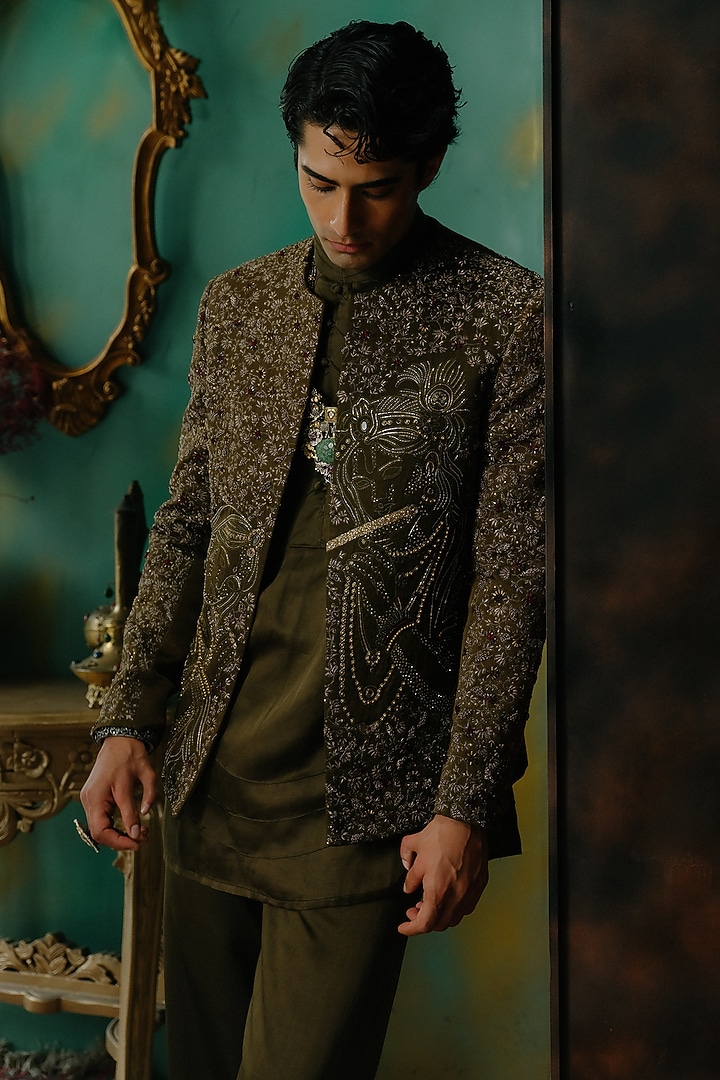 Olive Silk Resham Hand Embroidered Short Jacket Set by Jatin Malik at Pernia's Pop Up Shop