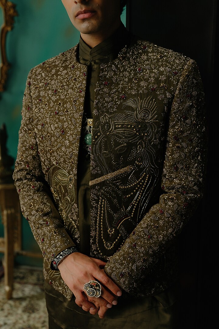 Olive Silk Resham Hand Embroidered Short Jacket Set by Jatin Malik at Pernia's Pop Up Shop