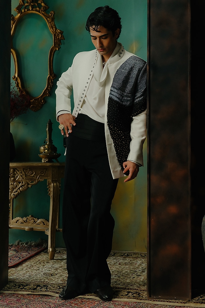 Ivory Silk Hand Embroidered Open Jacket Set by Jatin Malik at Pernia's Pop Up Shop