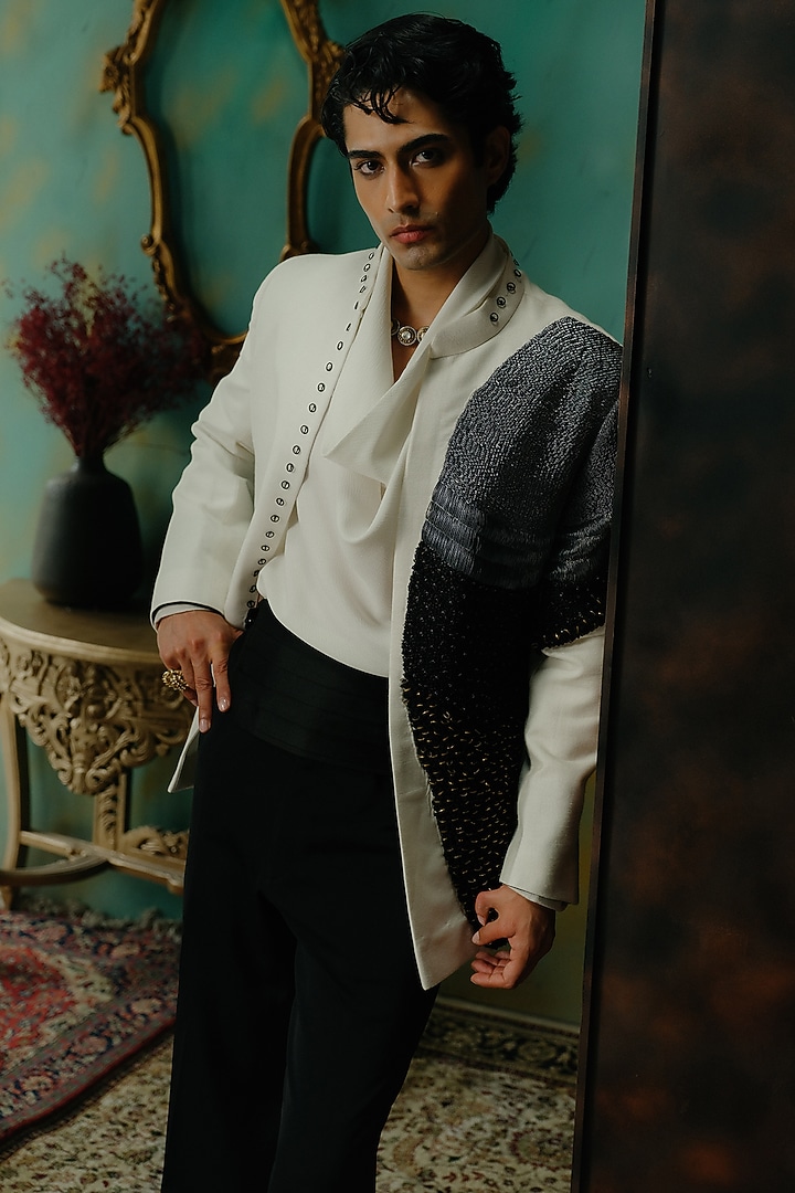 Ivory Silk Hand Embroidered Open Jacket Set by Jatin Malik at Pernia's Pop Up Shop