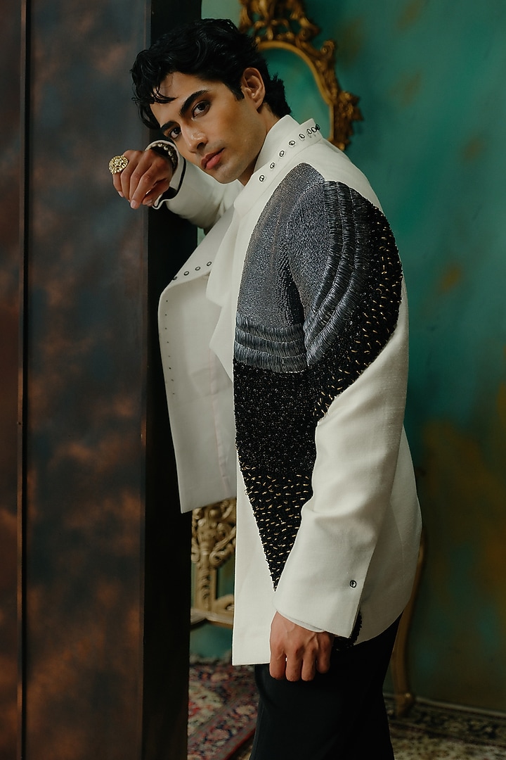 Ivory Silk Hand Embroidered Open Jacket Set by Jatin Malik at Pernia's Pop Up Shop