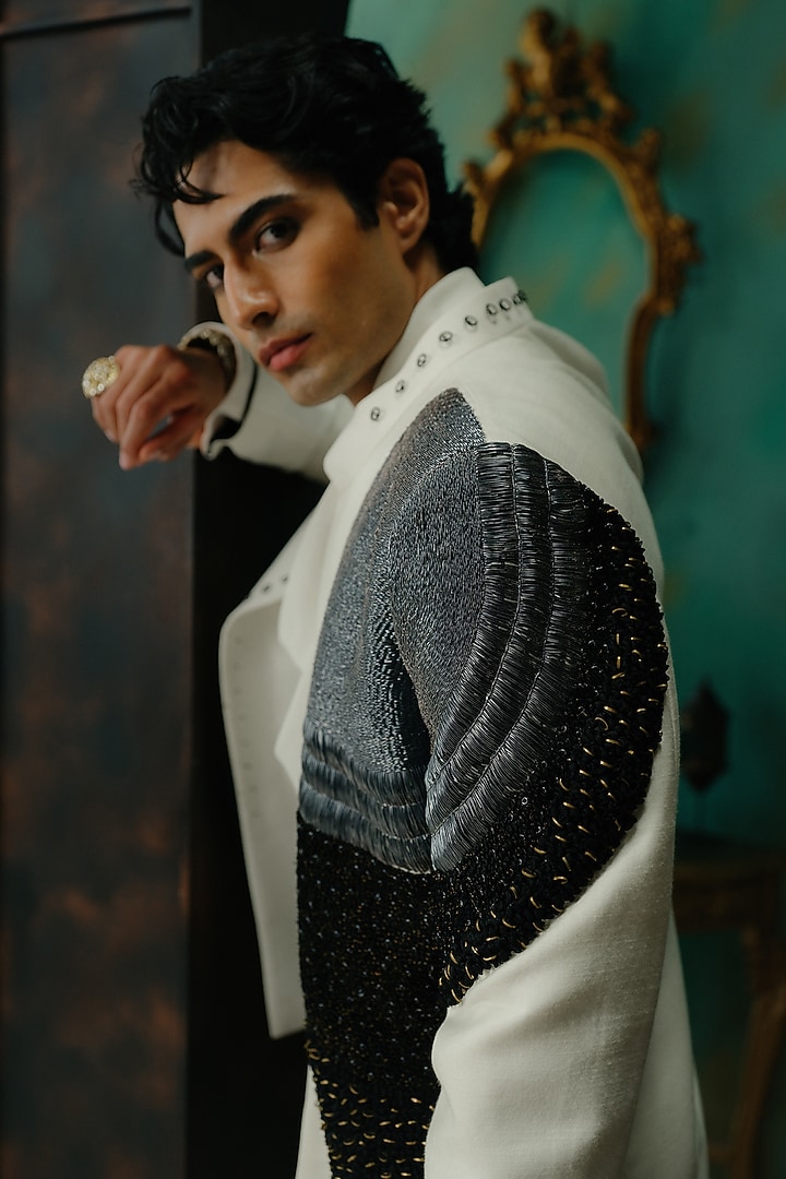 Ivory Silk Hand Embroidered Open Jacket Set by Jatin Malik at Pernia's Pop Up Shop