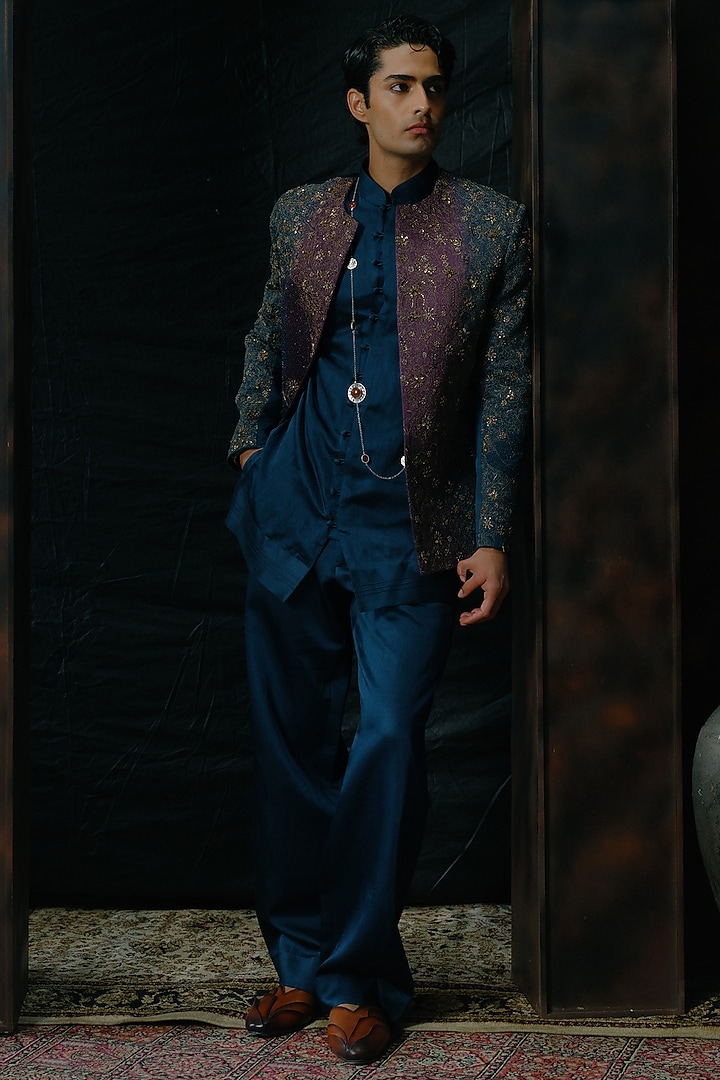 Purple & Teal Ombre Hand Embroidered Short Jacket Set by Jatin Malik at Pernia's Pop Up Shop