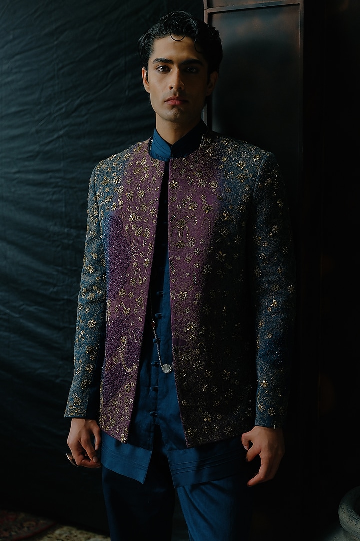 Purple & Teal Ombre Hand Embroidered Short Jacket Set by Jatin Malik at Pernia's Pop Up Shop