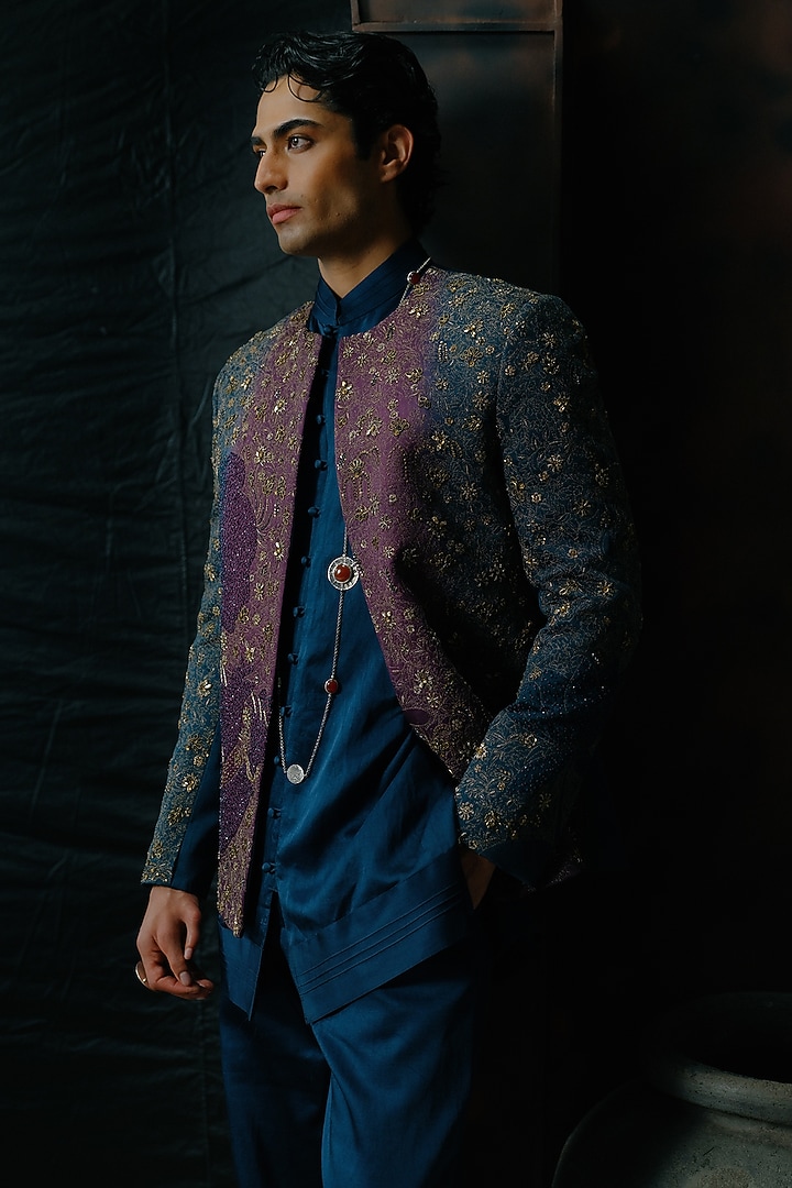 Purple & Teal Ombre Hand Embroidered Short Jacket Set by Jatin Malik at Pernia's Pop Up Shop
