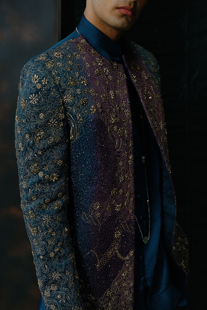 Purple & Teal Ombre Hand Embroidered Short Jacket Set by Jatin Malik at Pernia's Pop Up Shop