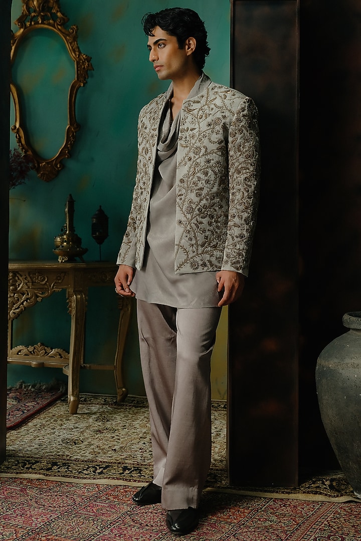 Silver Satin Hand Embroidered Short Jacket Set by Jatin Malik at Pernia's Pop Up Shop