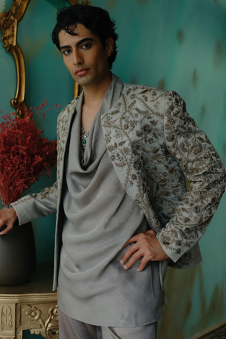 Silver Satin Hand Embroidered Short Jacket Set by Jatin Malik at Pernia's Pop Up Shop