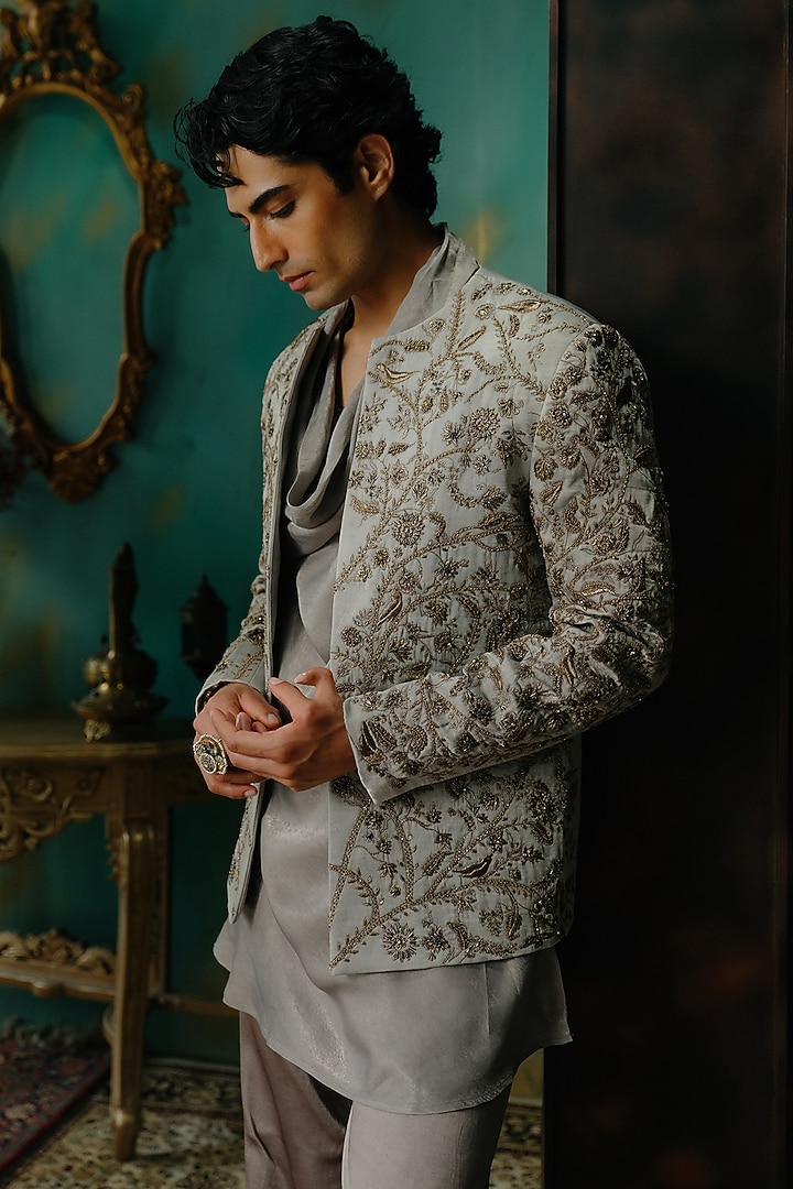 Silver Satin Hand Embroidered Short Jacket Set by Jatin Malik at Pernia's Pop Up Shop