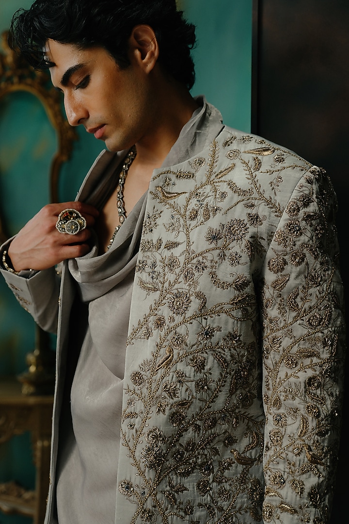 Silver Satin Hand Embroidered Short Jacket Set by Jatin Malik at Pernia's Pop Up Shop