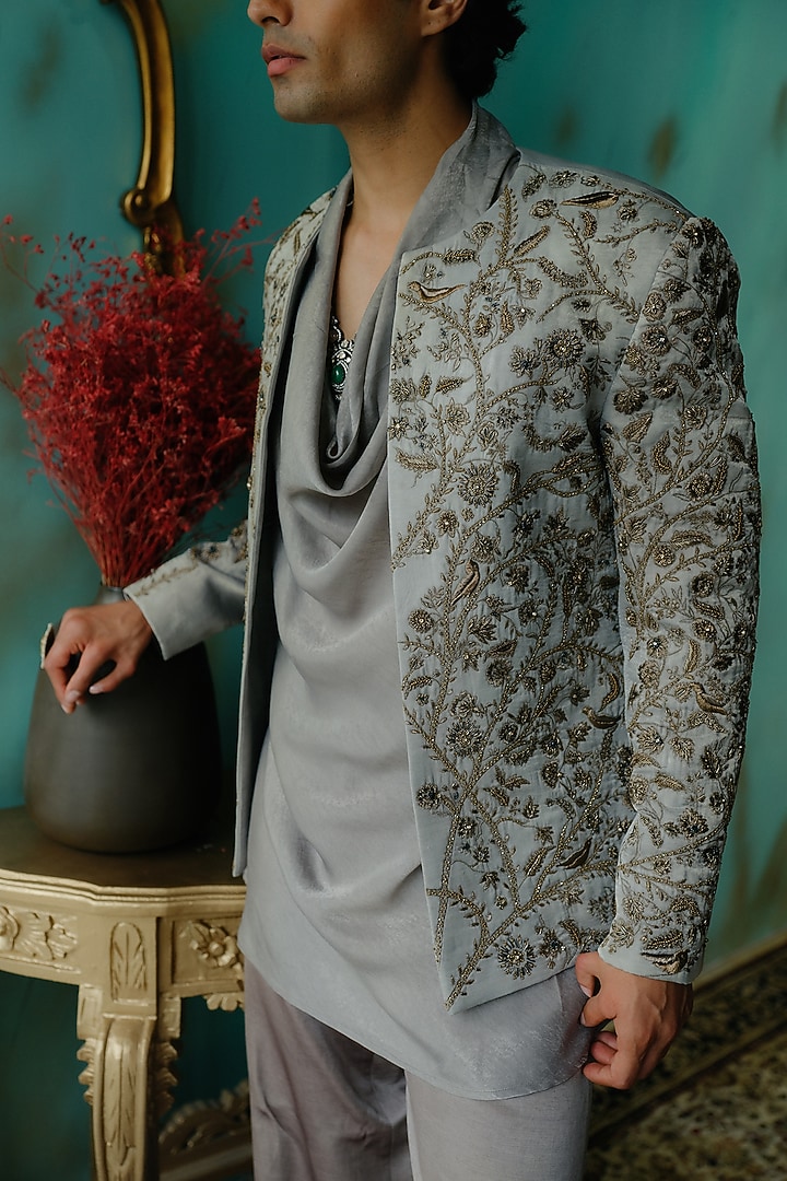 Silver Satin Hand Embroidered Short Jacket Set by Jatin Malik at Pernia's Pop Up Shop