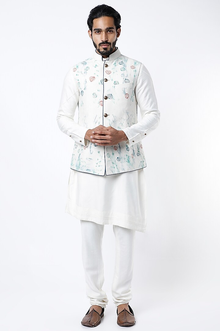 Ivory Slub Silk Hand Painted Nehru Jacket by Jatin Malik