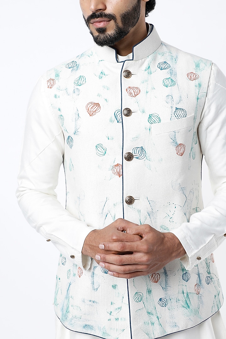 Ivory Slub Silk Hand Painted Nehru Jacket by Jatin Malik at Pernia's Pop Up Shop