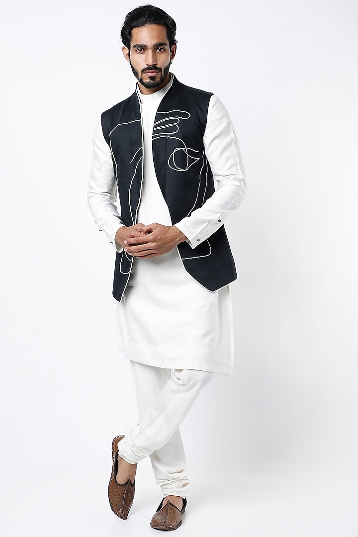 Black Egyptian Cotton Hand Painted Nehru Jacket by Jatin Malik