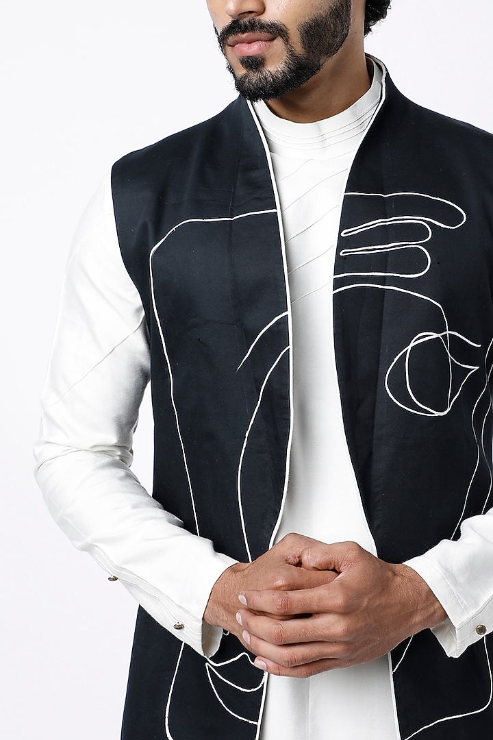 Black Egyptian Cotton Hand Painted Nehru Jacket by Jatin Malik at Pernia's Pop Up Shop