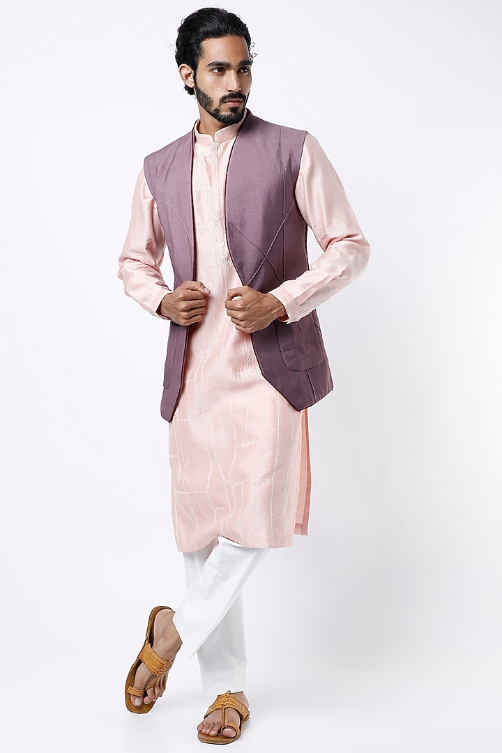 English Purple Pintucked Nehru Jacket by Jatin Malik at Pernia's Pop Up Shop