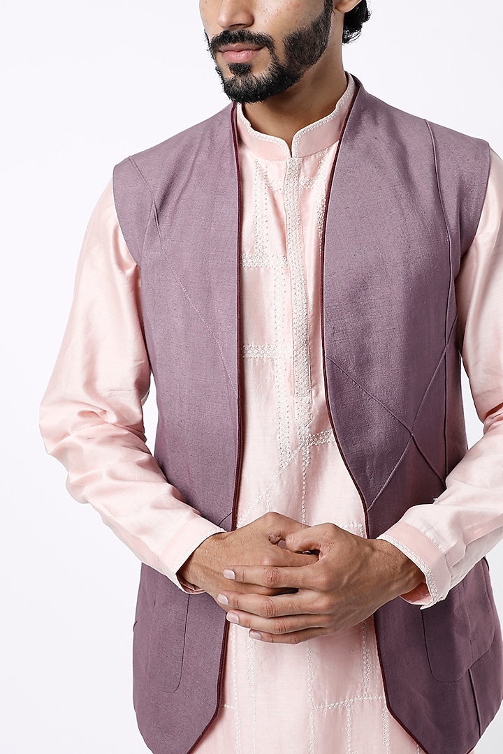 English Purple Pintucked Nehru Jacket by Jatin Malik at Pernia's Pop Up Shop