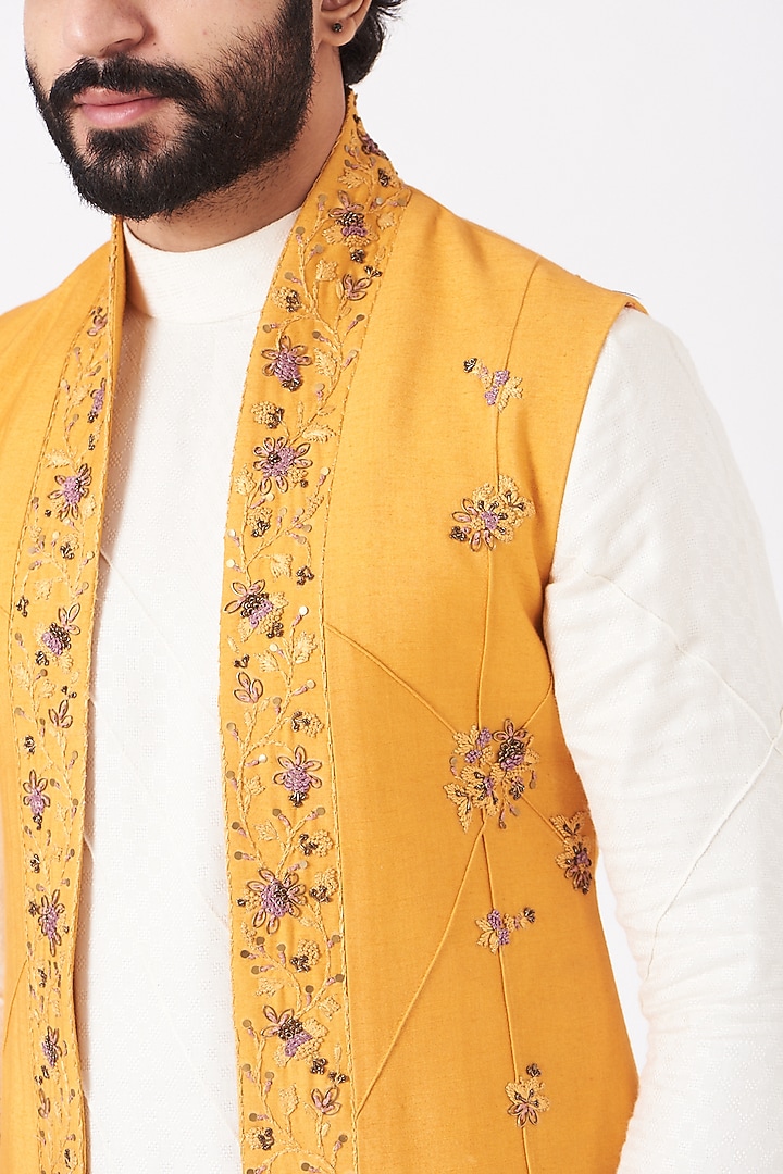 Ivory Kurta Set With Mustard Shrug by Jatin Malik at Pernia's Pop Up Shop