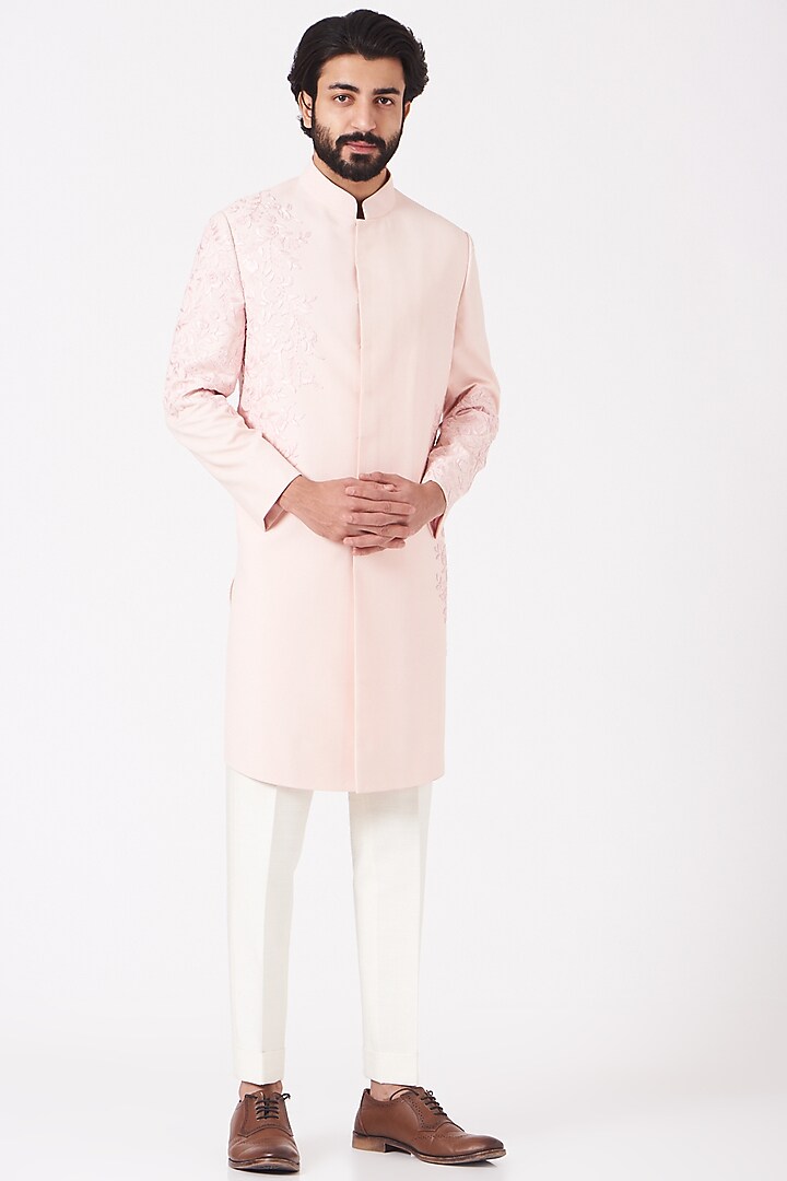 Baby Pink Hand Embroidered Achkan Jacket Set by Jatin Malik at Pernia's Pop Up Shop