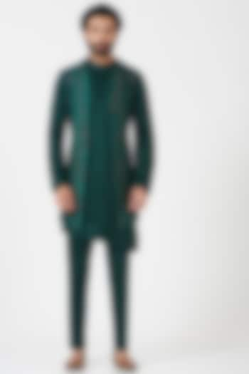 Teal Green Kurta Set With Shrug by Jatin Malik